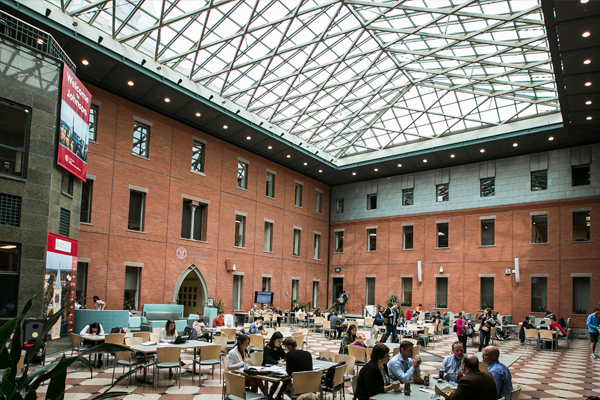 View of Sage Hall's glass ceiling from inside the atrium 