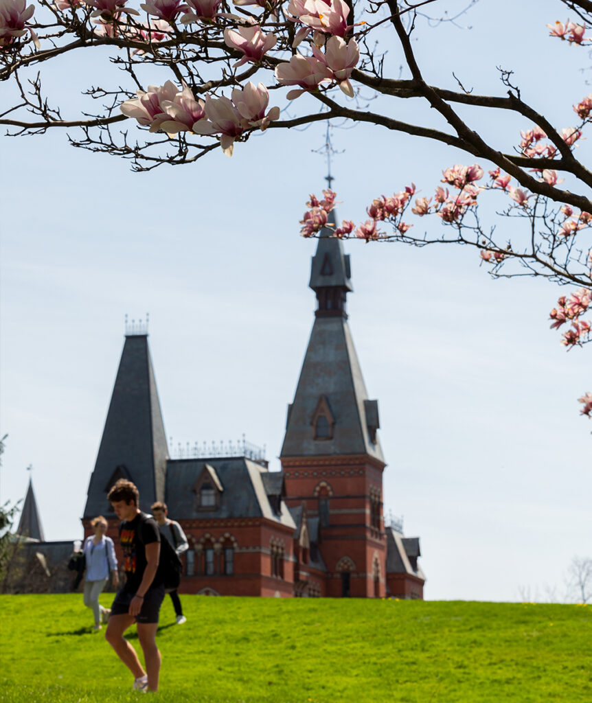 People walk across bright green grass with Sage Hall in the background and a flowering tree branch in the foreground.