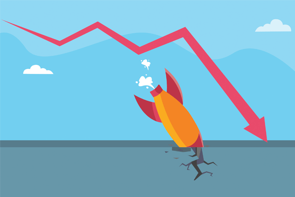 Falling startup rocket and financial business graph. Business fail vector concept.